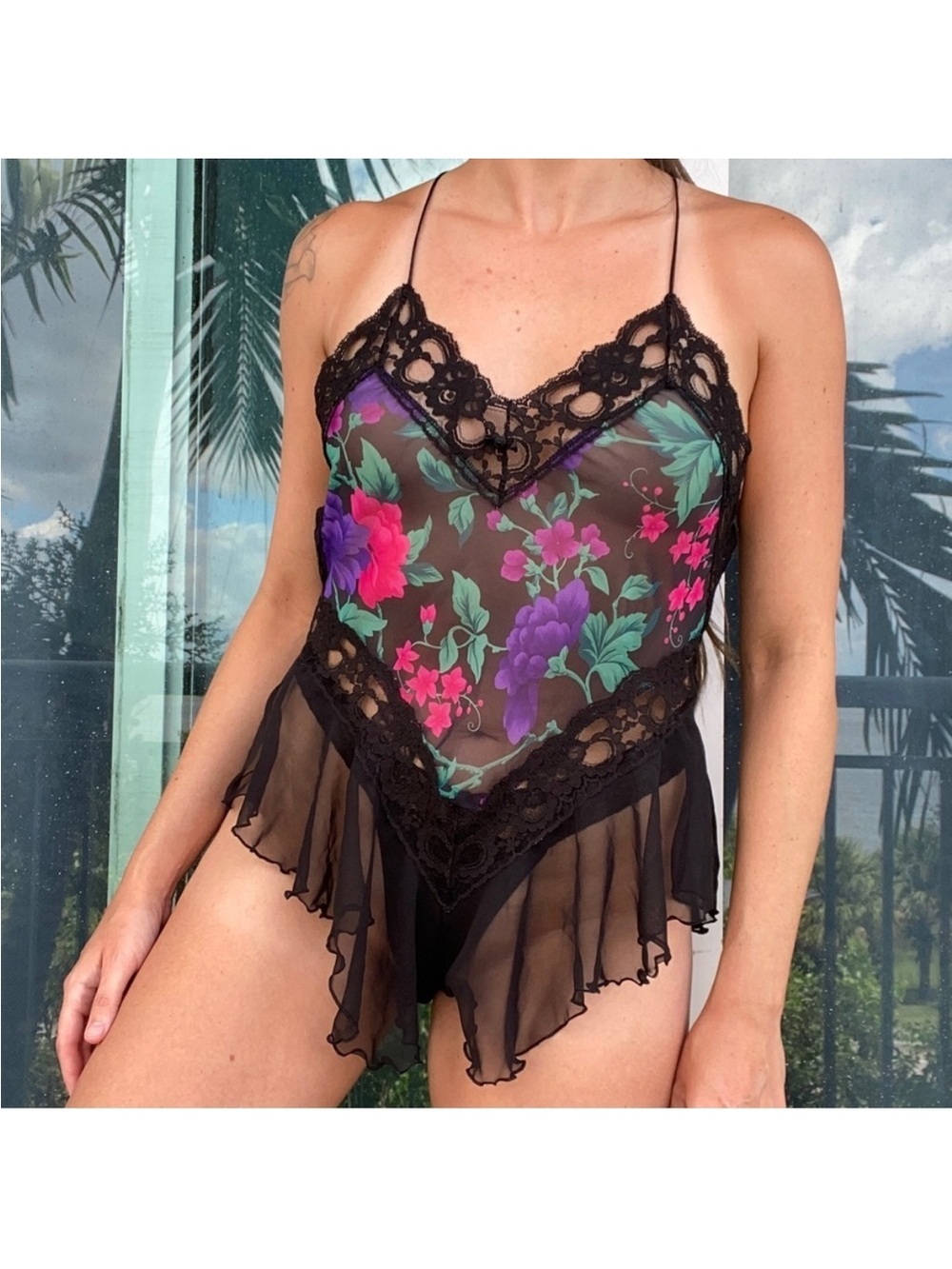 Vintage Sheer Floral Lace Teddy Romper M